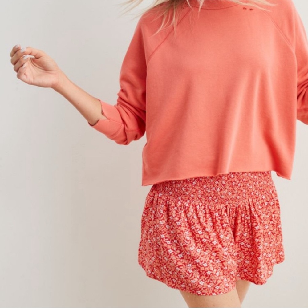 Aerie Women’s Shorts Orange Peach Smocked Waist Ditzy Floral Casual Size Small